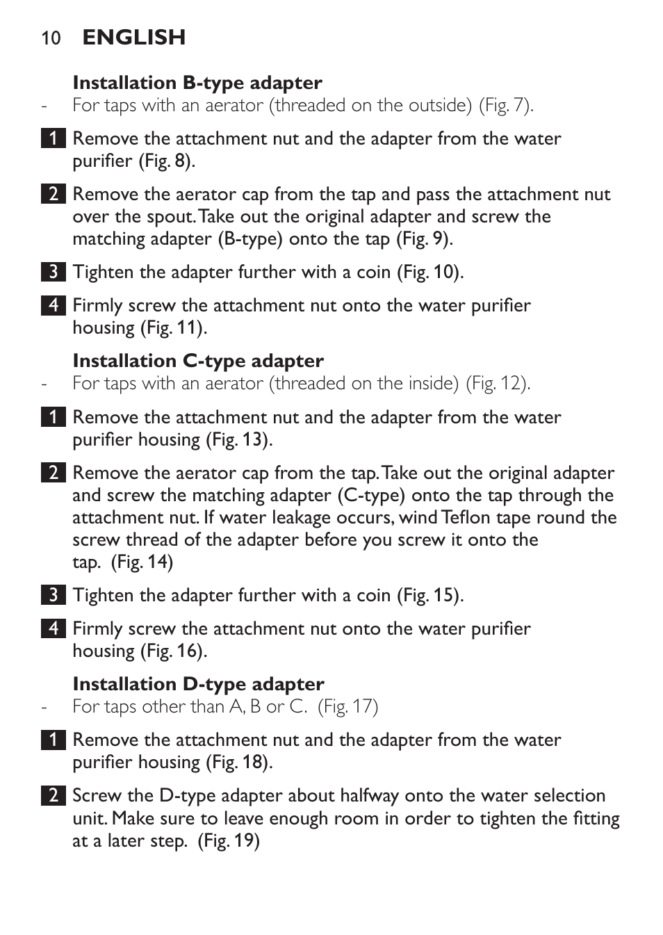 Installation b-type adapter, Installation c-type adapter, Installation d-type adapter | Philips WP3812 User Manual | Page 10 / 36