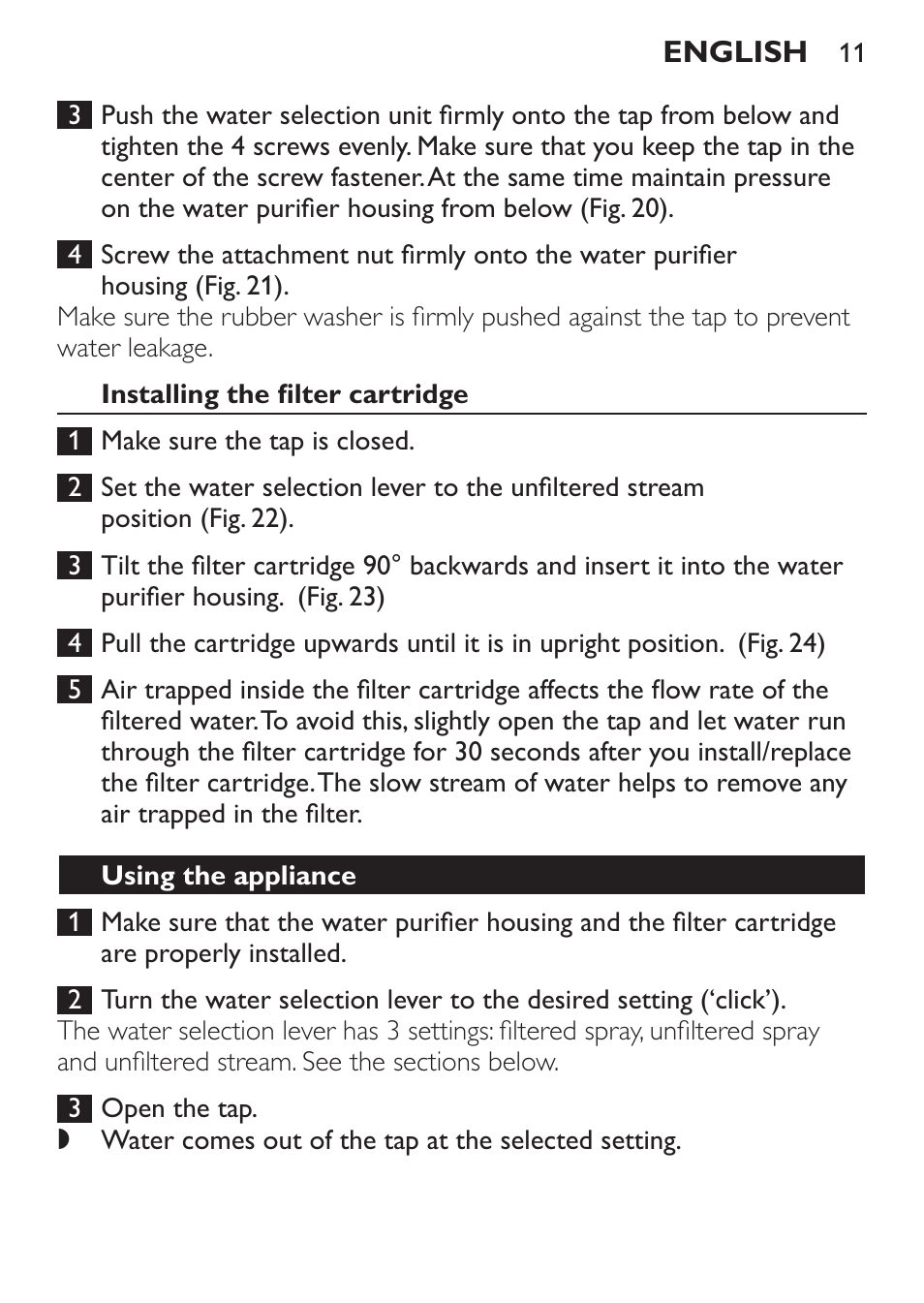 Installing the filter cartridge, Using the appliance | Philips WP3812 User Manual | Page 11 / 36