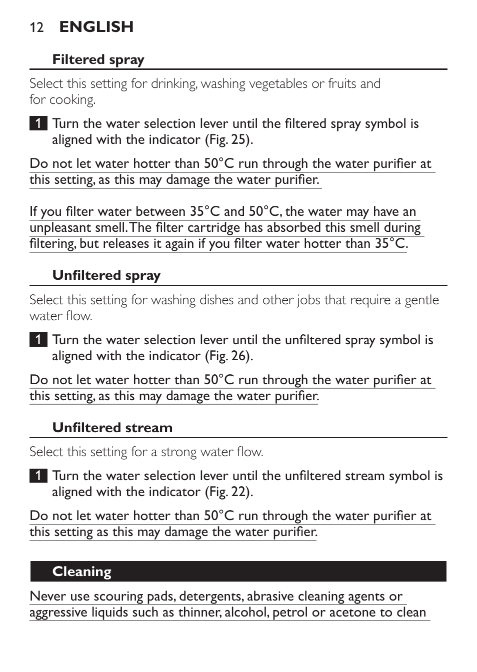 Filtered spray, Unfiltered spray, Unfiltered stream | Cleaning | Philips WP3812 User Manual | Page 12 / 36