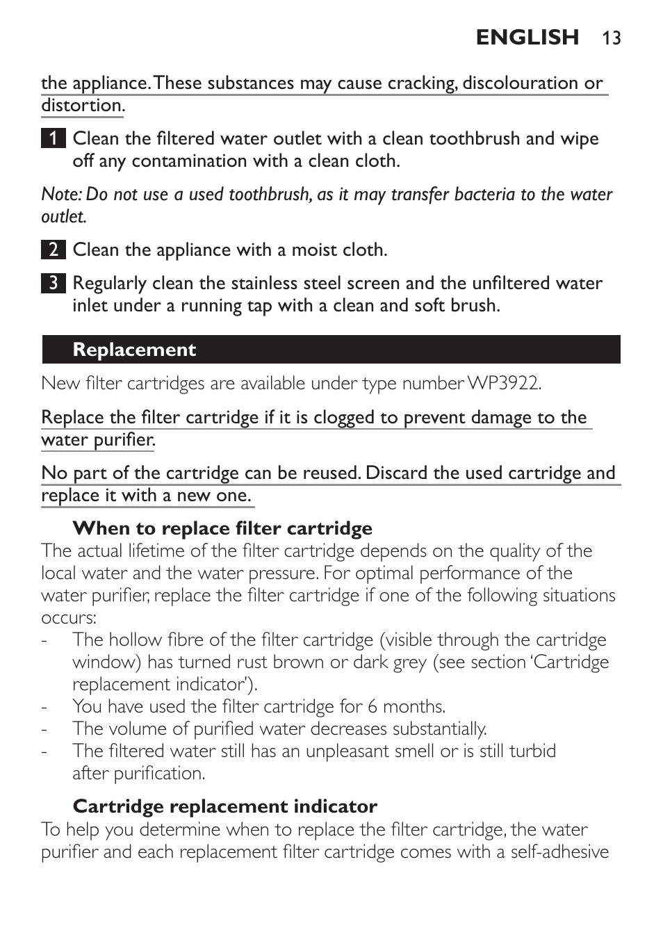When to replace filter cartridge, Cartridge replacement indicator, Replacement | Philips WP3812 User Manual | Page 13 / 36