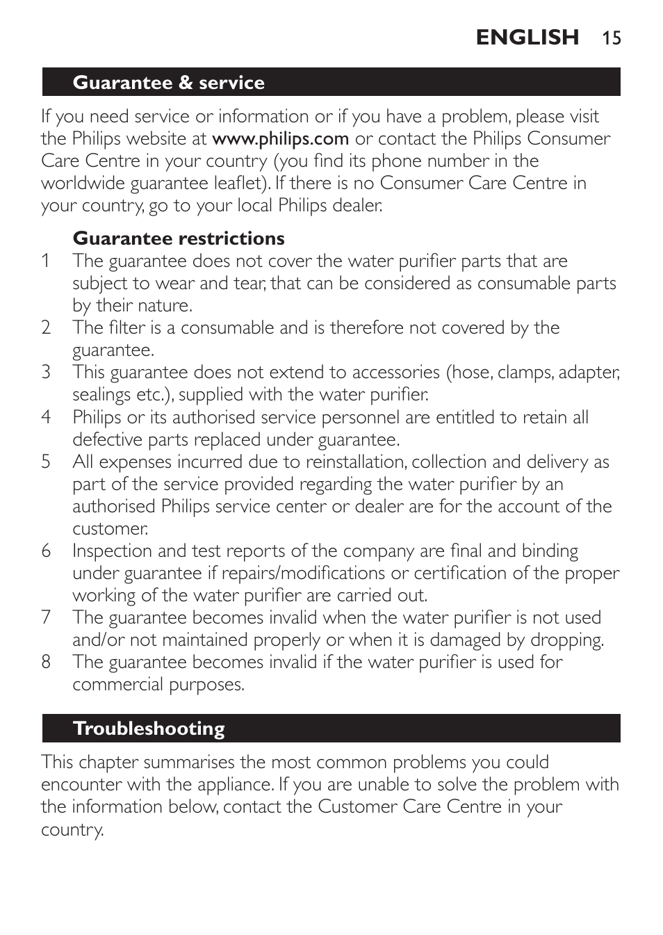 Guarantee restrictions, Guarantee & service, Troubleshooting | Philips WP3812 User Manual | Page 15 / 36