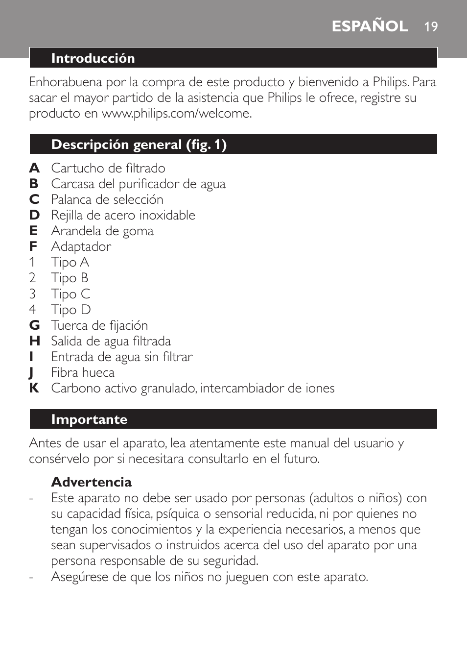 Advertencia, Español, Introducción | Descripción general (fig. 1), Importante | Philips WP3812 User Manual | Page 19 / 36