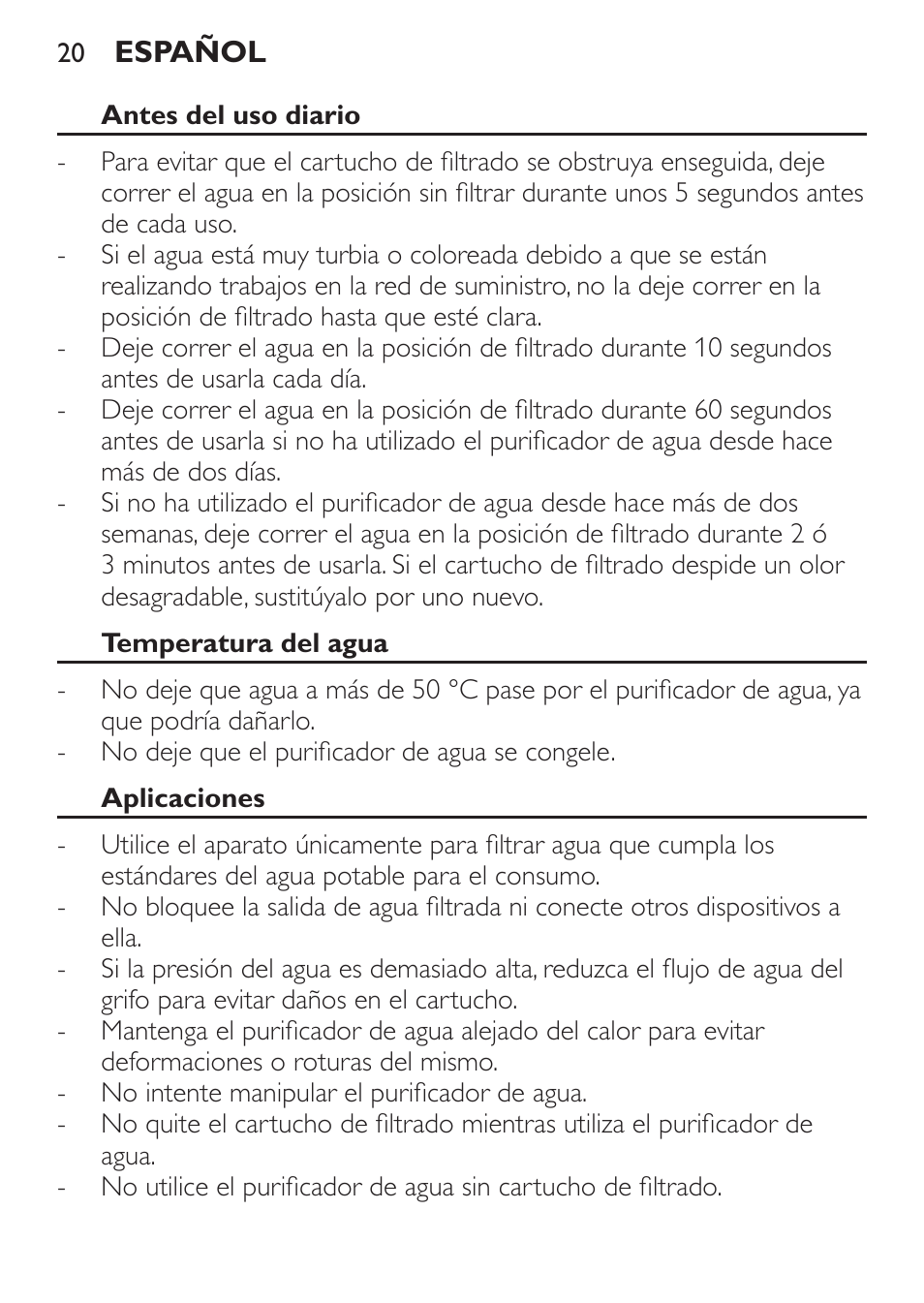 Antes del uso diario, Temperatura del agua, Aplicaciones | Philips WP3812 User Manual | Page 20 / 36