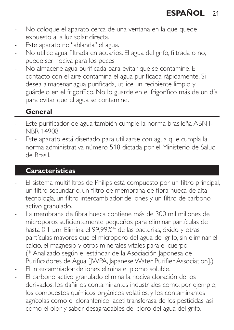 General, Características | Philips WP3812 User Manual | Page 21 / 36