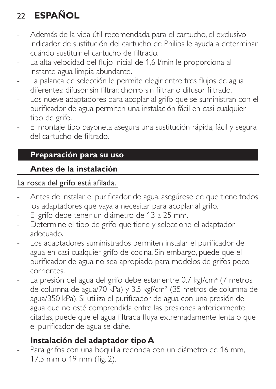 Preparación para su uso, Antes de la instalación, Instalación del adaptador tipo a | Philips WP3812 User Manual | Page 22 / 36