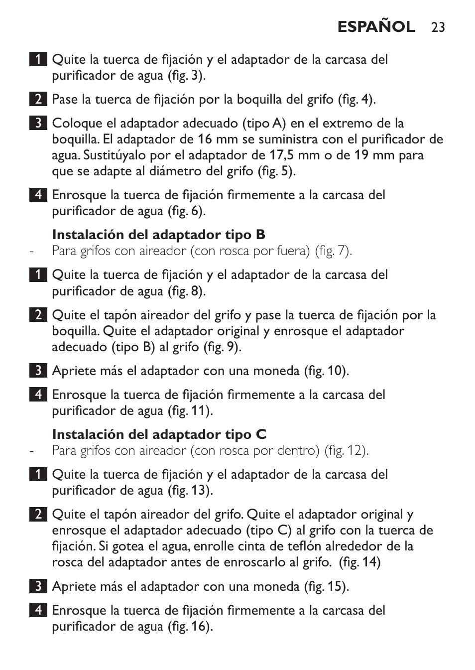 Instalación del adaptador tipo b, Instalación del adaptador tipo c | Philips WP3812 User Manual | Page 23 / 36
