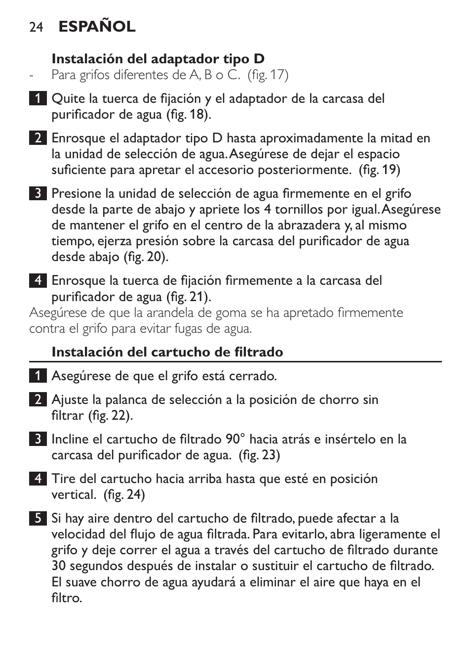 Instalación del adaptador tipo d, Instalación del cartucho de filtrado | Philips WP3812 User Manual | Page 24 / 36