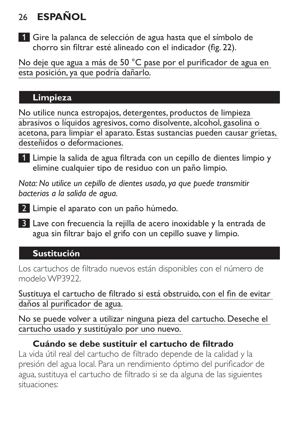 Cuándo se debe sustituir el cartucho de filtrado, Limpieza, Sustitución | Philips WP3812 User Manual | Page 26 / 36