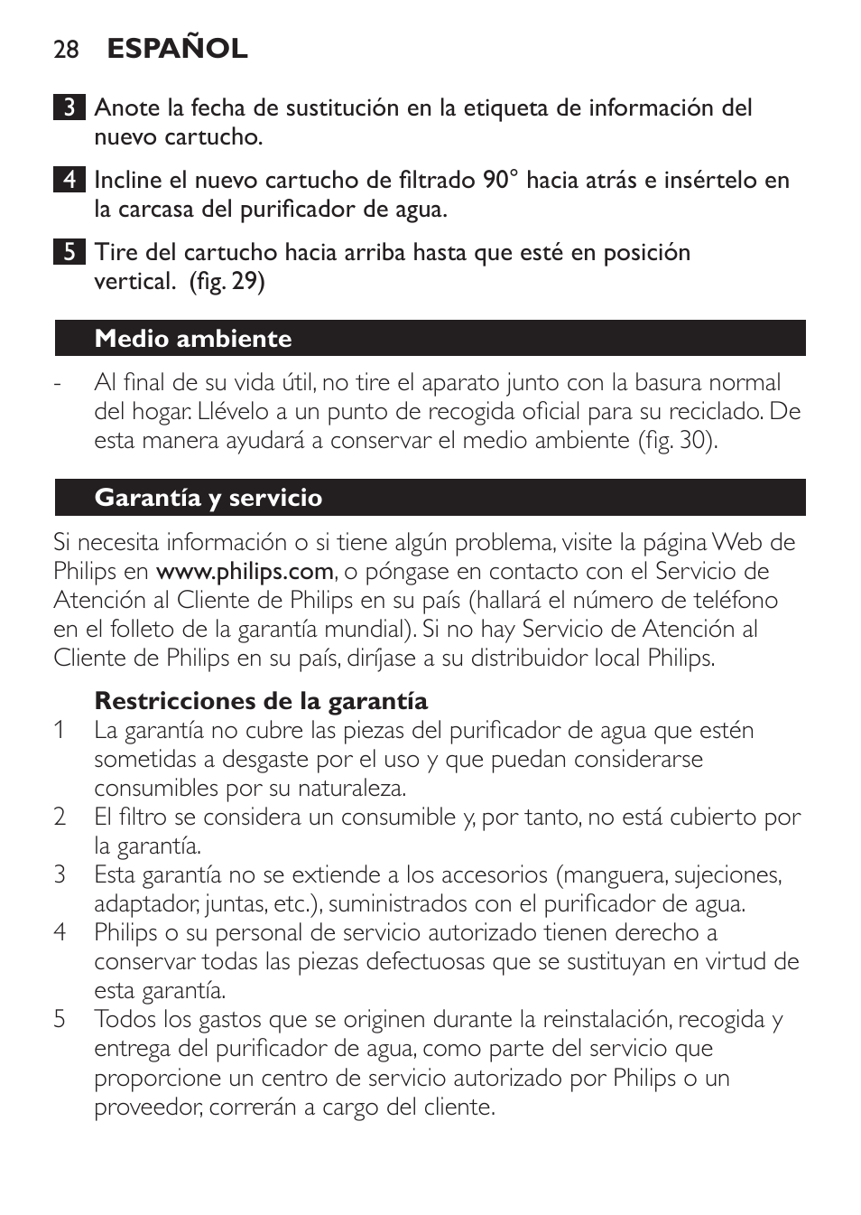 Restricciones de la garantía, Medio ambiente, Garantía y servicio | Philips WP3812 User Manual | Page 28 / 36