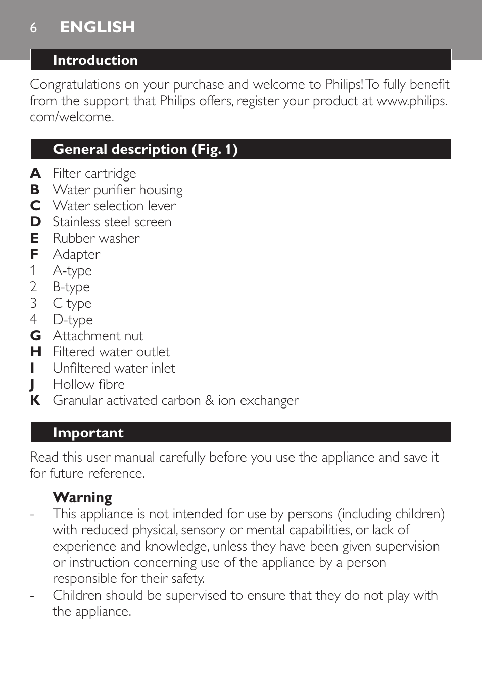 English, Introduction, General description (fig. 1) | Important, Warning | Philips WP3812 User Manual | Page 6 / 36