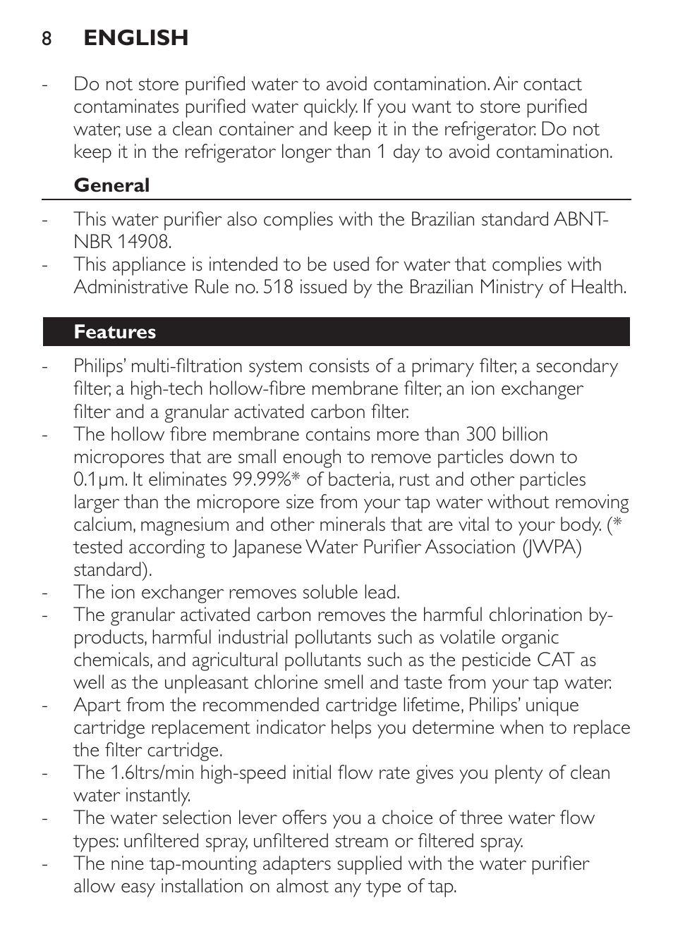 General, Features | Philips WP3812 User Manual | Page 8 / 36