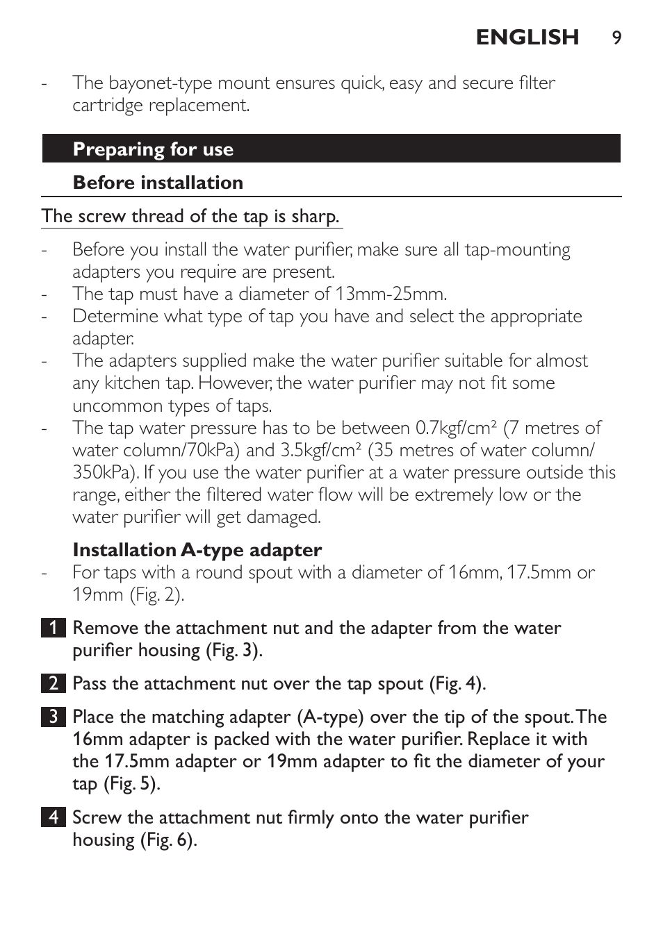 Preparing for use, Before installation, Installation a-type adapter | Philips WP3812 User Manual | Page 9 / 36