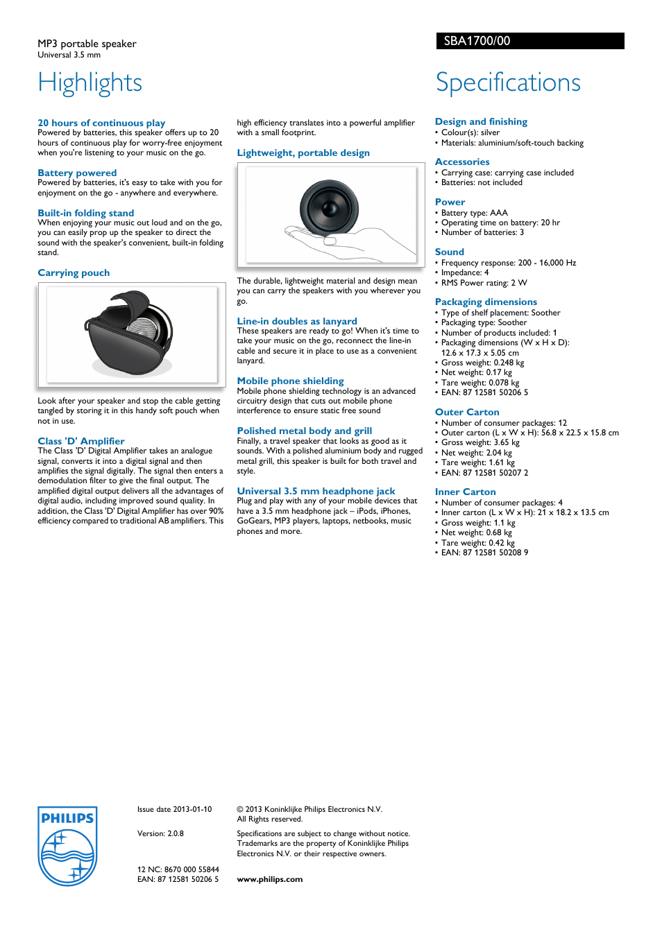 Highlights, Specifications | Philips SBA1700/00 User Manual | Page 2 / 2