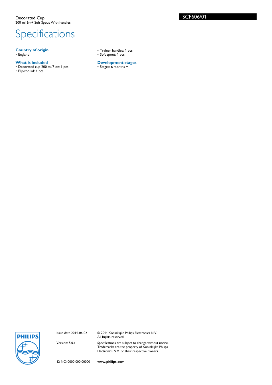 Specifications | Philips Magic Cup SCF606/01 User Manual | Page 2 / 2