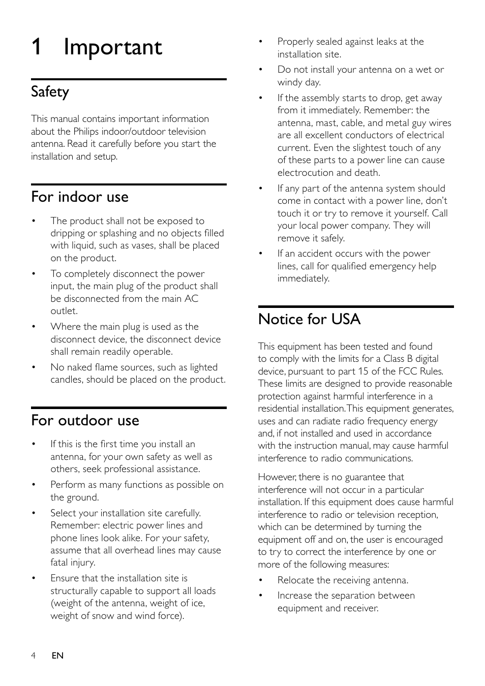 1 important, Safety 4, For indoor use | For outdoor use, Notice for usa, Safety | Philips SDV8622T/55 User Manual | Page 4 / 14