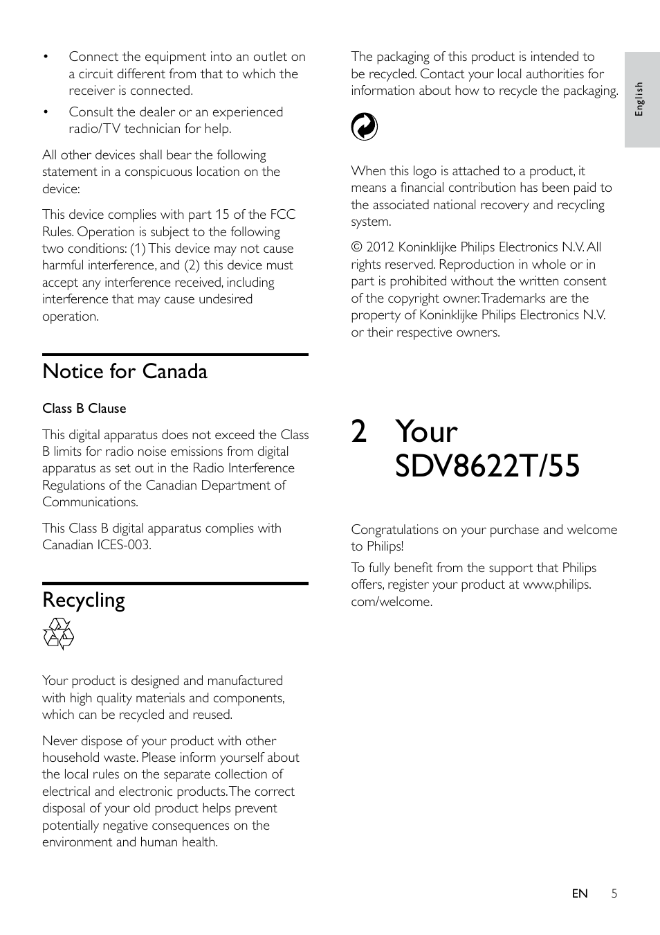 Notice for canada, Recycling 5, 2 your sdv8622t/55 | Recycling | Philips SDV8622T/55 User Manual | Page 5 / 14