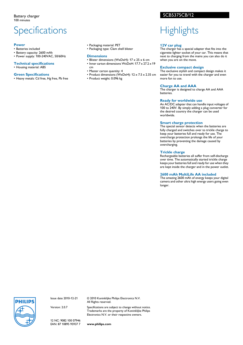 Specifications, Highlights | Philips SCB5375CB User Manual | Page 2 / 2