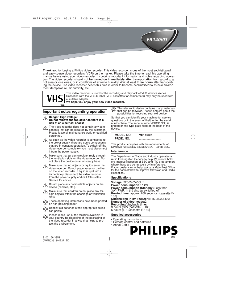 Philips VR140/07 User Manual | 16 pages