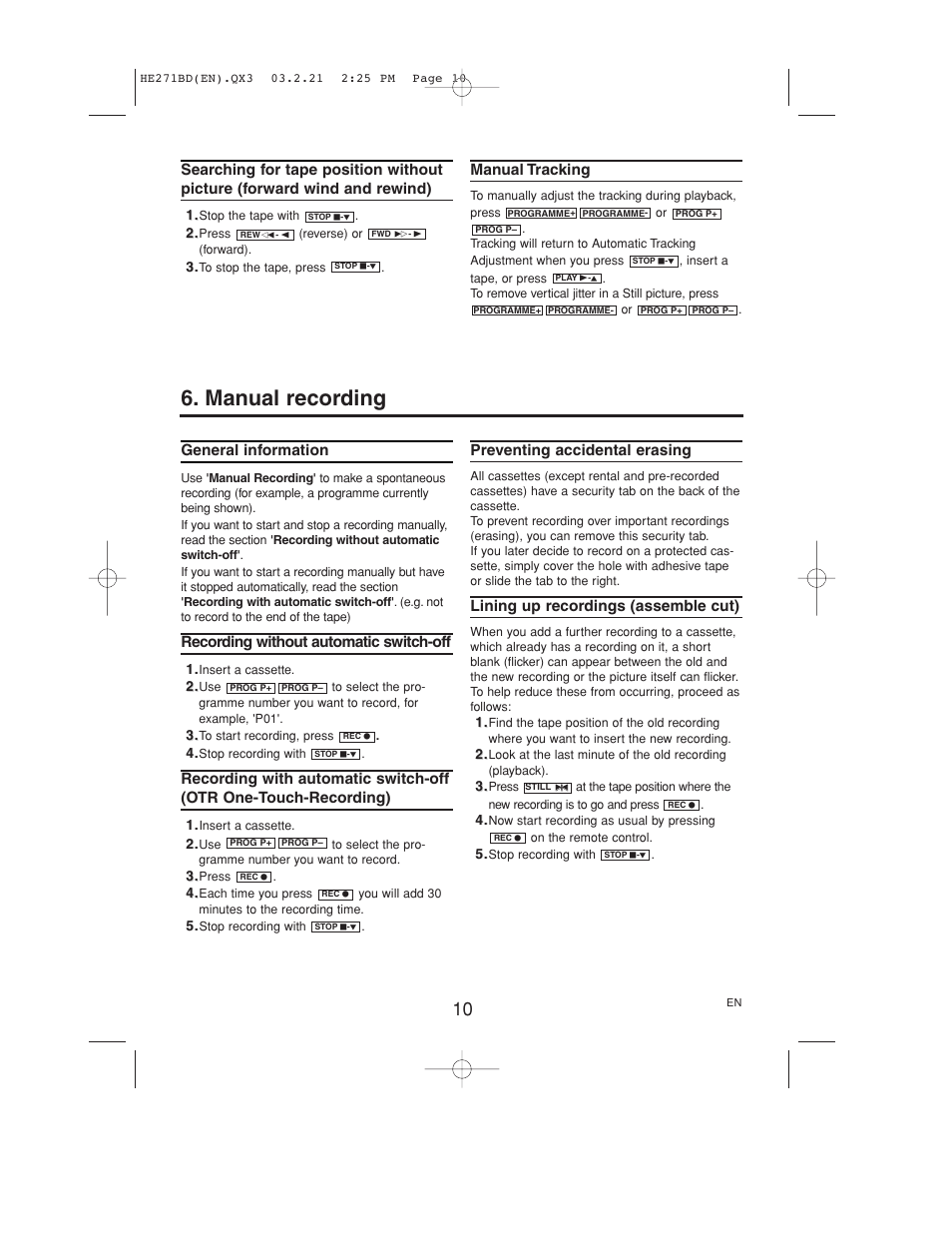 Manual recording | Philips VR140/07 User Manual | Page 10 / 16