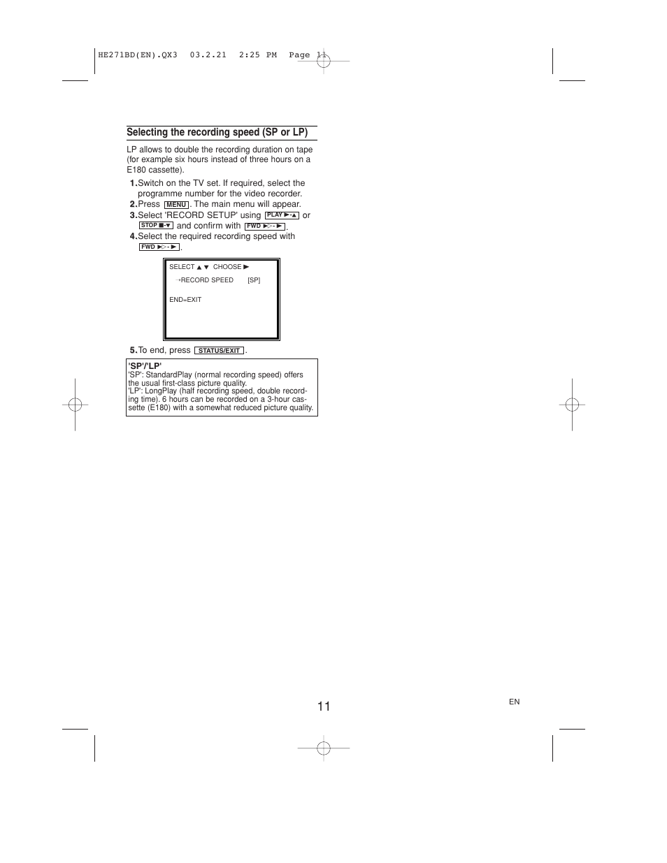 Selecting the recording speed (sp or lp) | Philips VR140/07 User Manual | Page 11 / 16