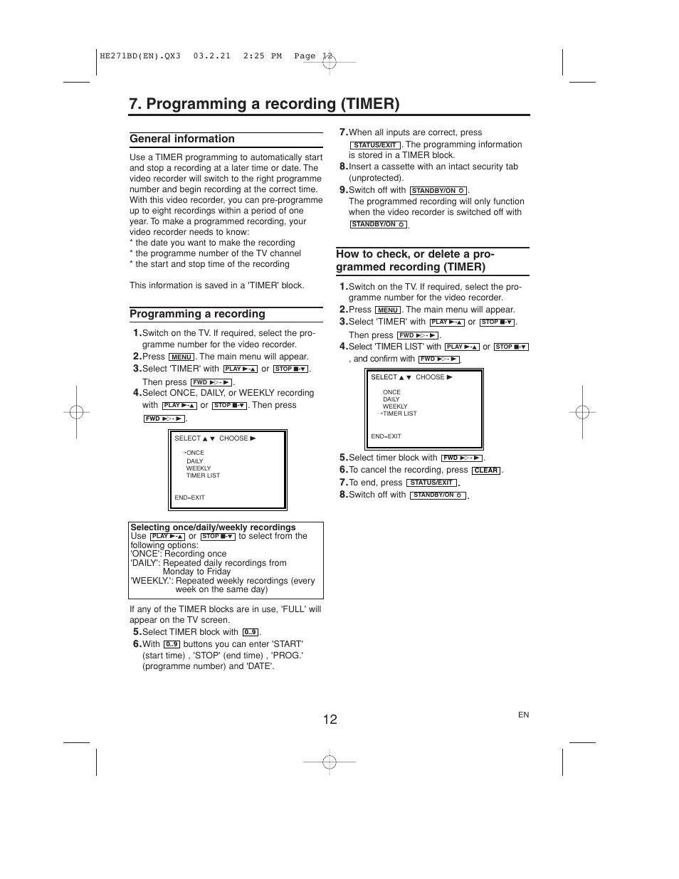 Programming a recording (timer), General information, Programming a recording | Philips VR140/07 User Manual | Page 12 / 16