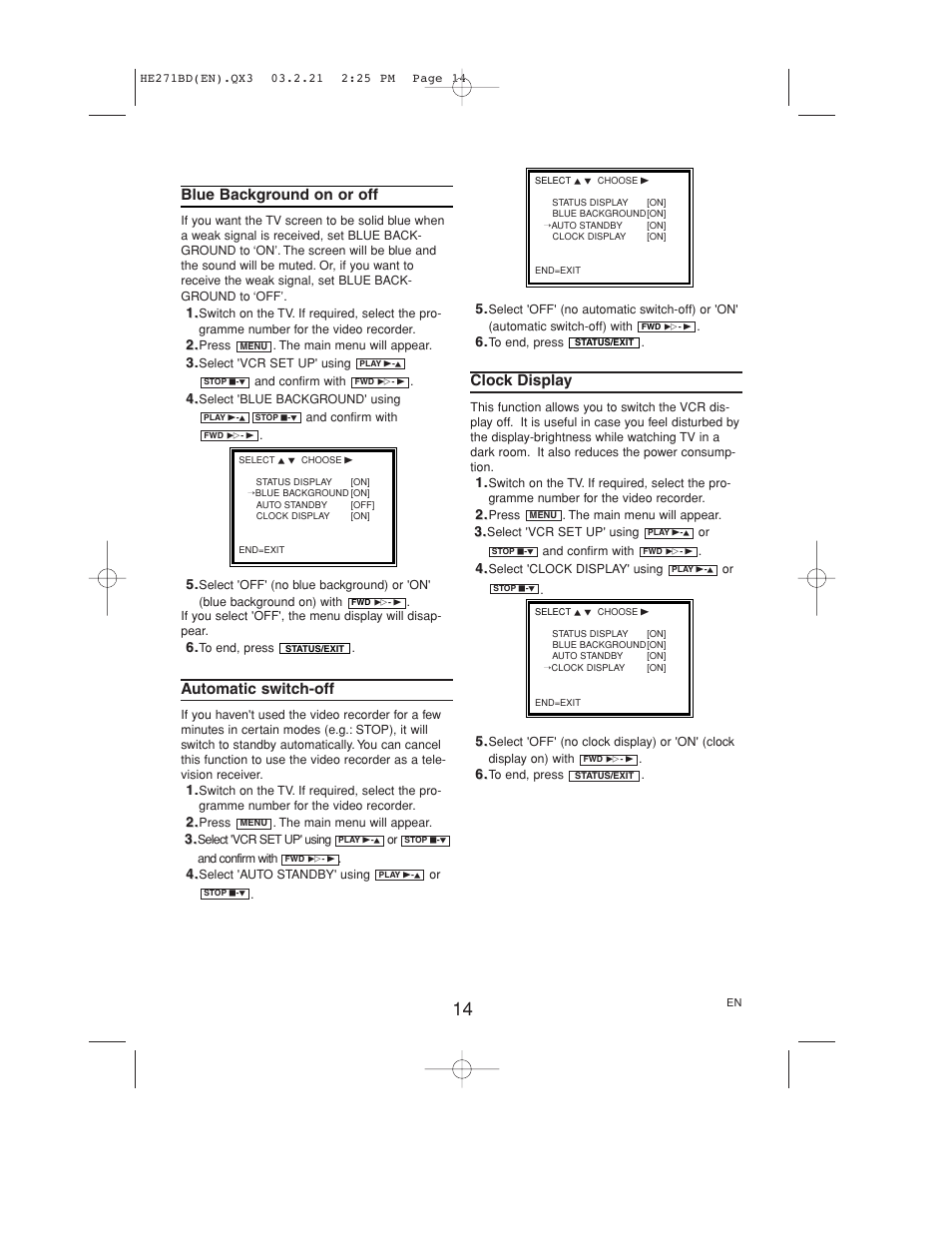 Blue background on or off, Automatic switch-off, Clock display | Philips VR140/07 User Manual | Page 14 / 16