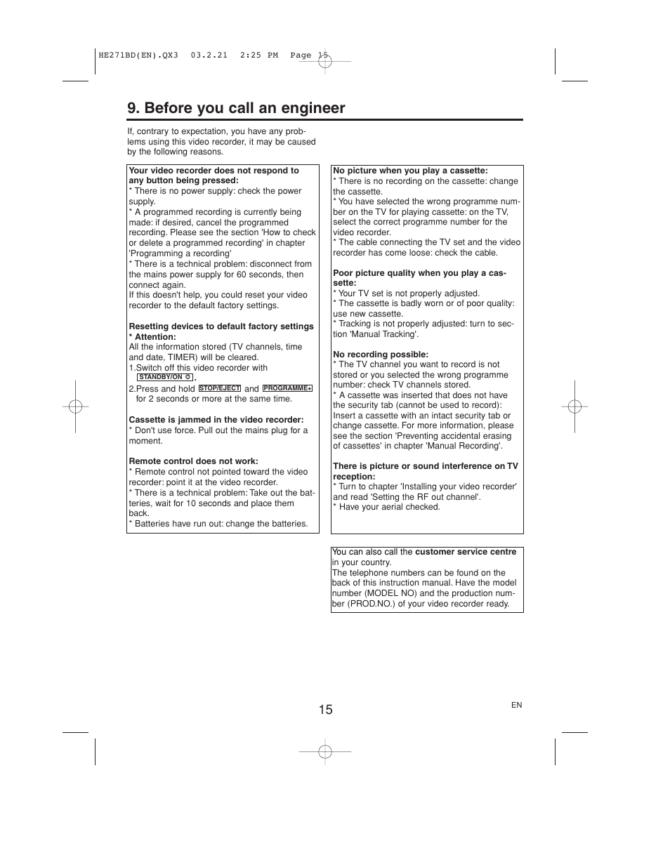 Before you call an engineer | Philips VR140/07 User Manual | Page 15 / 16