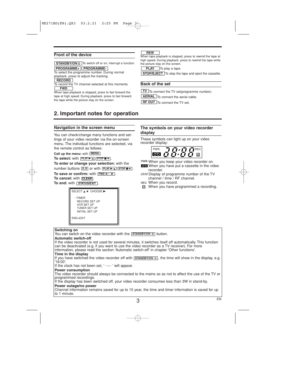 Front of the device, Back of the set, Navigation in the screen menu | The symbols on your video recorder display | Philips VR140/07 User Manual | Page 3 / 16