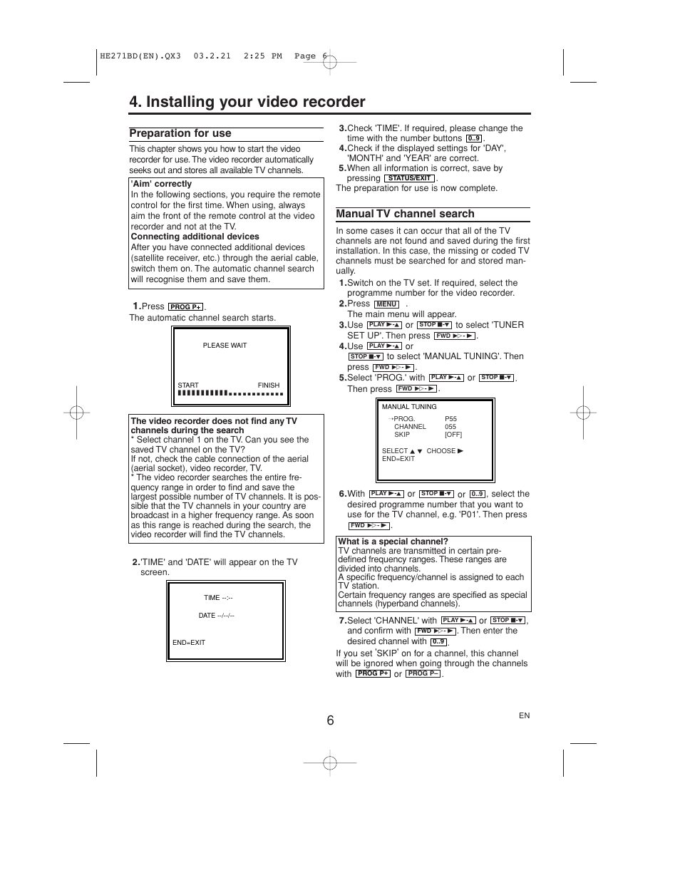 Installing your video recorder, Preparation for use, Manual tv channel search | Philips VR140/07 User Manual | Page 6 / 16