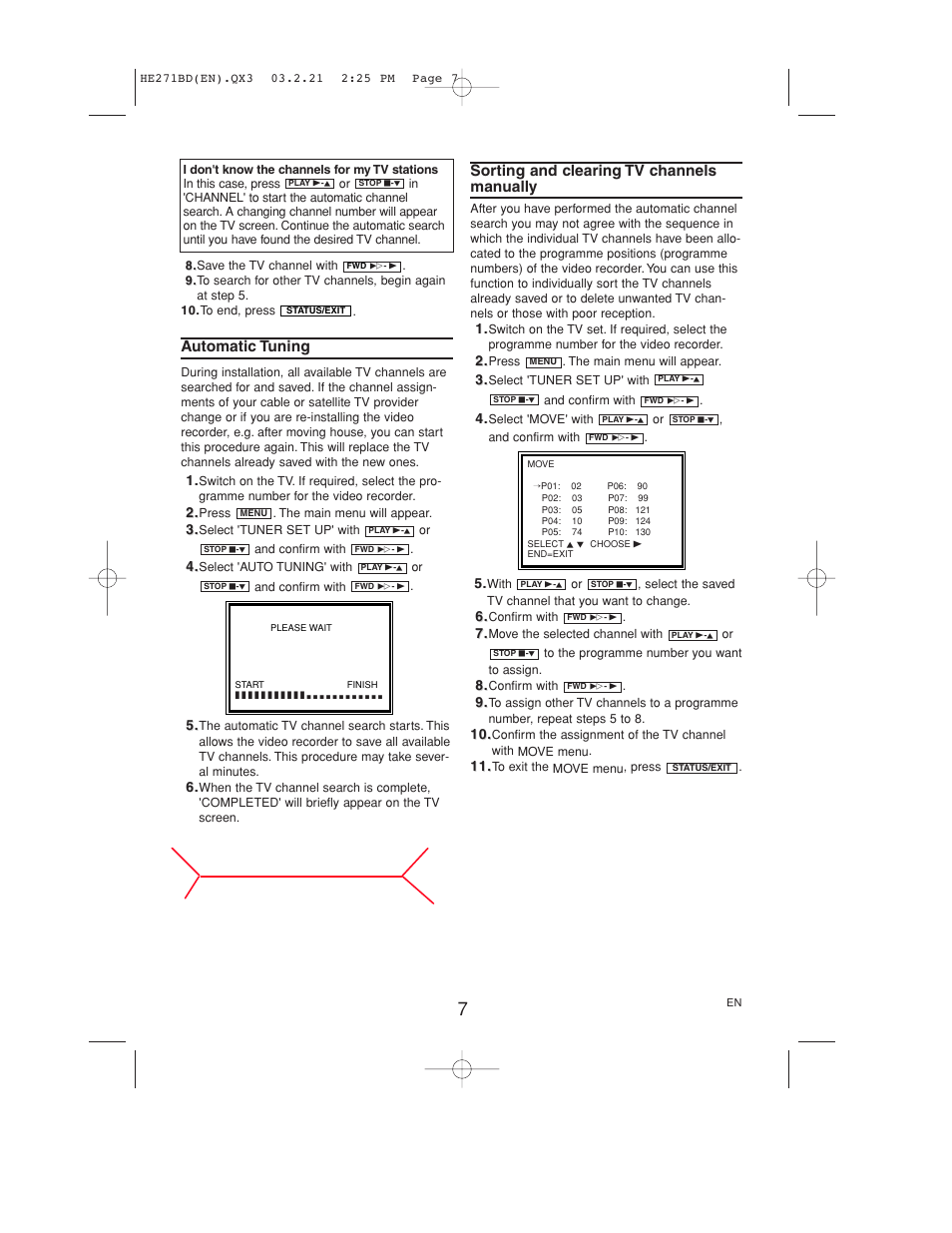 Automatic tuning, Sorting and clearing tv channels manually | Philips VR140/07 User Manual | Page 7 / 16