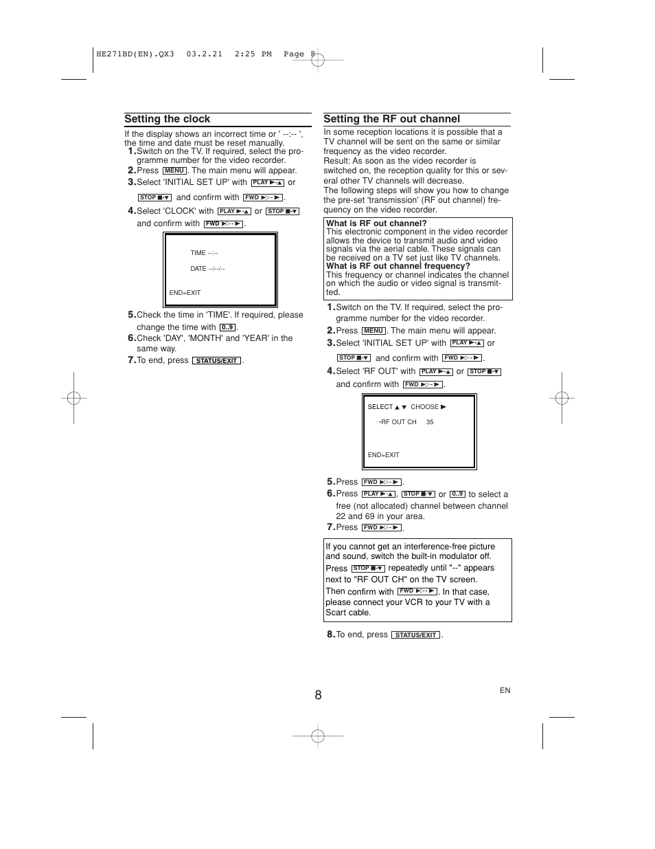 Setting the clock, Setting the rf out channel | Philips VR140/07 User Manual | Page 8 / 16