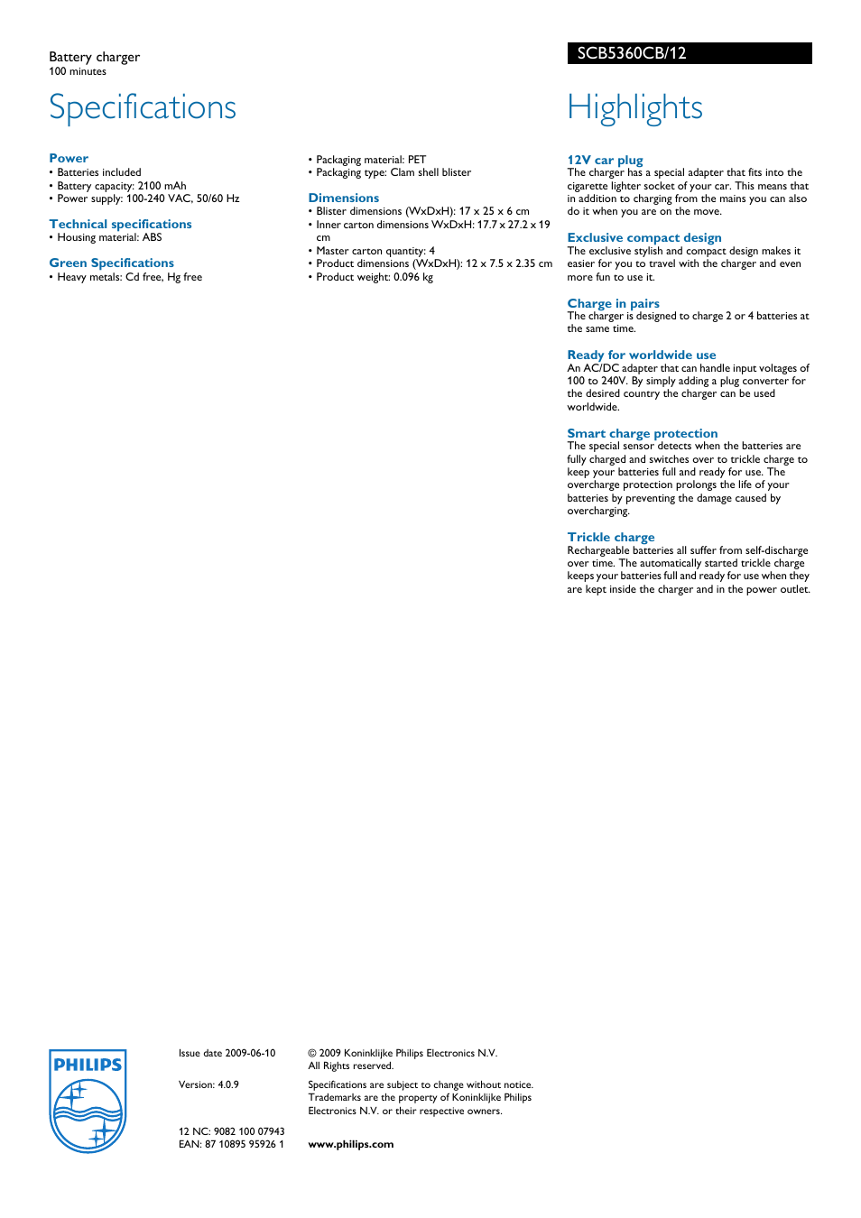 Specifications, Highlights | Philips MultiLife SCB5360CB User Manual | Page 2 / 2