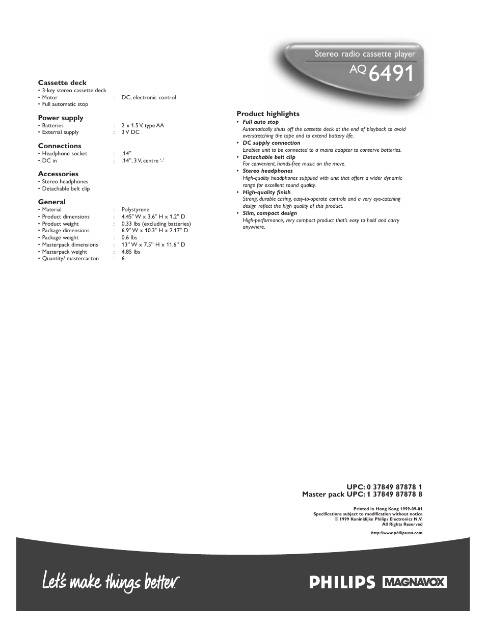 Stereo radio cassette player | Philips AQ6491 User Manual | Page 2 / 2