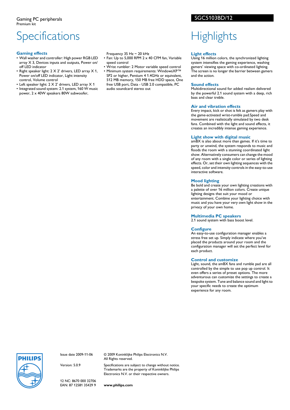 Specifications, Highlights | Philips SGC5103BD User Manual | Page 2 / 2