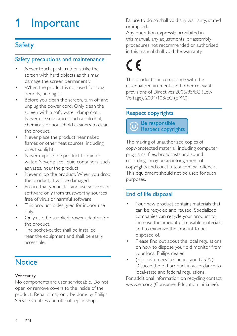 1 important, Safety, Notice | Philips SPF2307 User Manual | Page 3 / 35