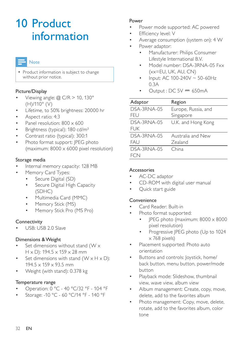 10 product information | Philips SPF2307 User Manual | Page 31 / 35