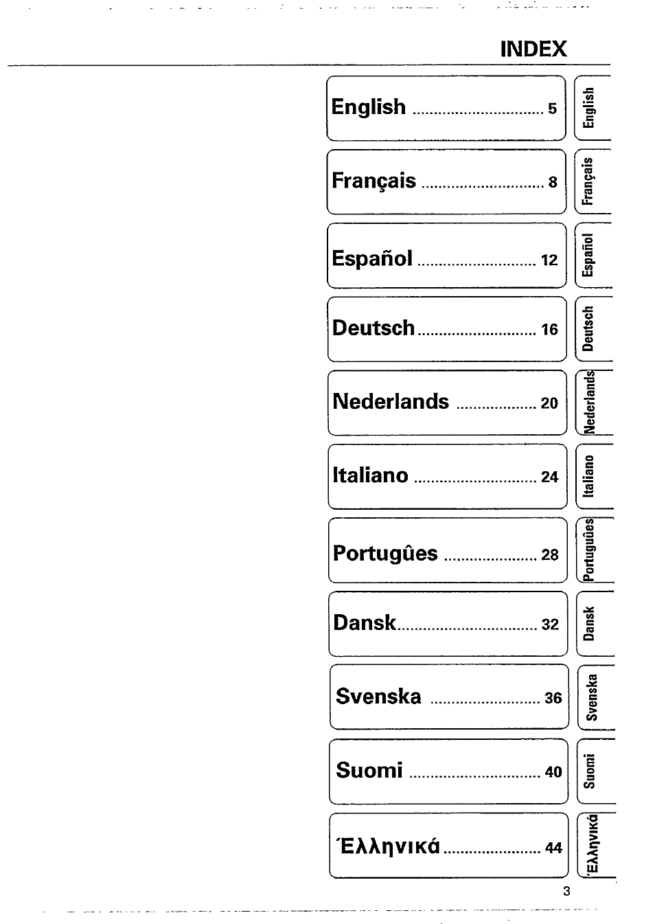 Index, English, Français | Español, Deutsch, Nederlands, Italiano, Portugués, Dansk, Svenska | Philips AQ 5150/00P User Manual | Page 3 / 8