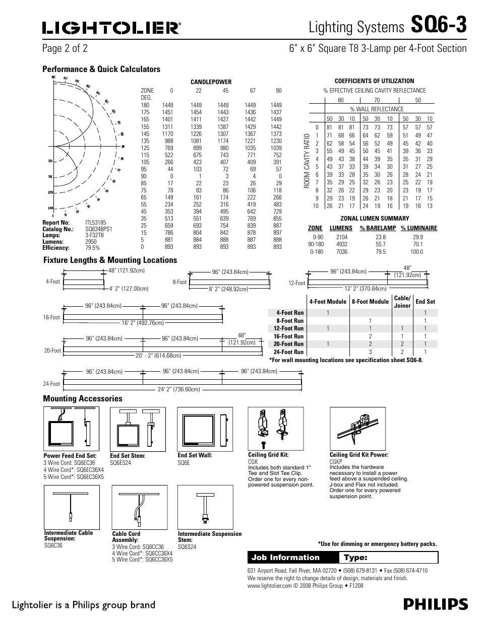 Lightoliiër, Lighting systems sq6-3, Sq6-3 | Philips, Lighting systems, Lightolier is a philips group brand, Job information type, Performance & quick calculators, Fixture lengths & mounting locations, Mounting accessories | Philips Lightolier SQ6-3 User Manual | Page 2 / 2