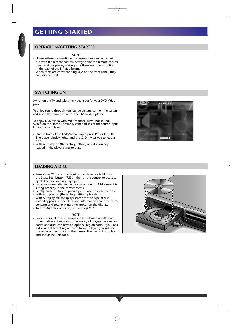 Getting started, Operation/getting started, Switching on | Loading a disc, Title chapter | Philips DVD-930 User Manual | Page 10 / 17