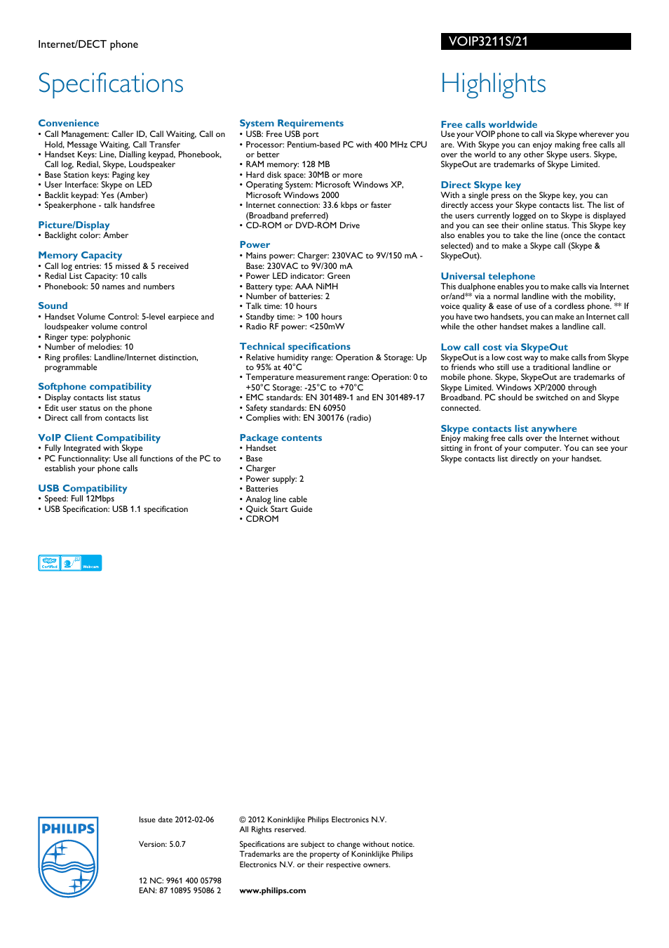 Specifications, Highlights | Philips VOIP3211S User Manual | Page 2 / 2