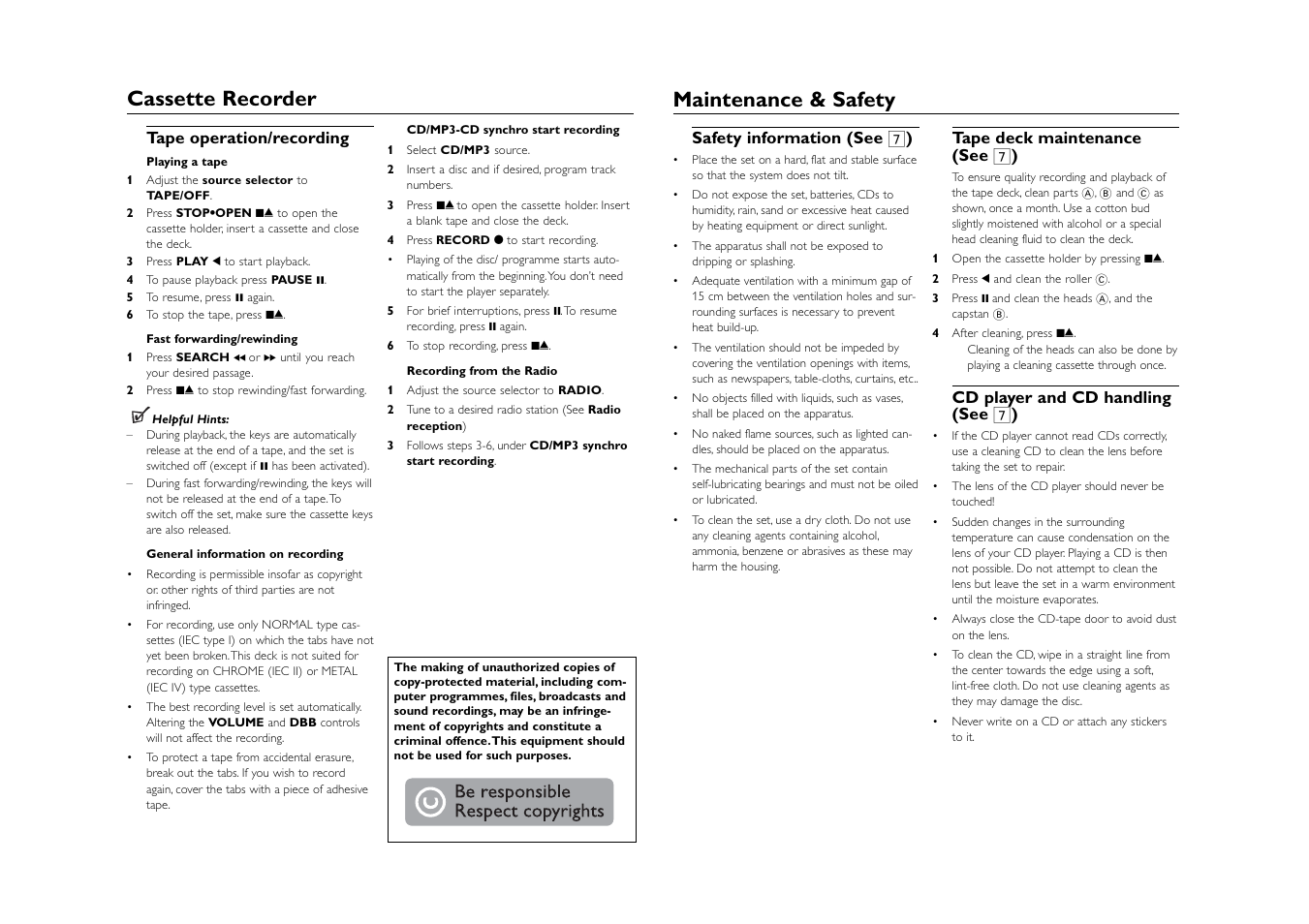 Maintenance & safety, Cassette recorder | Philips SOUNDMACHINE AZ122 User Manual | Page 5 / 6