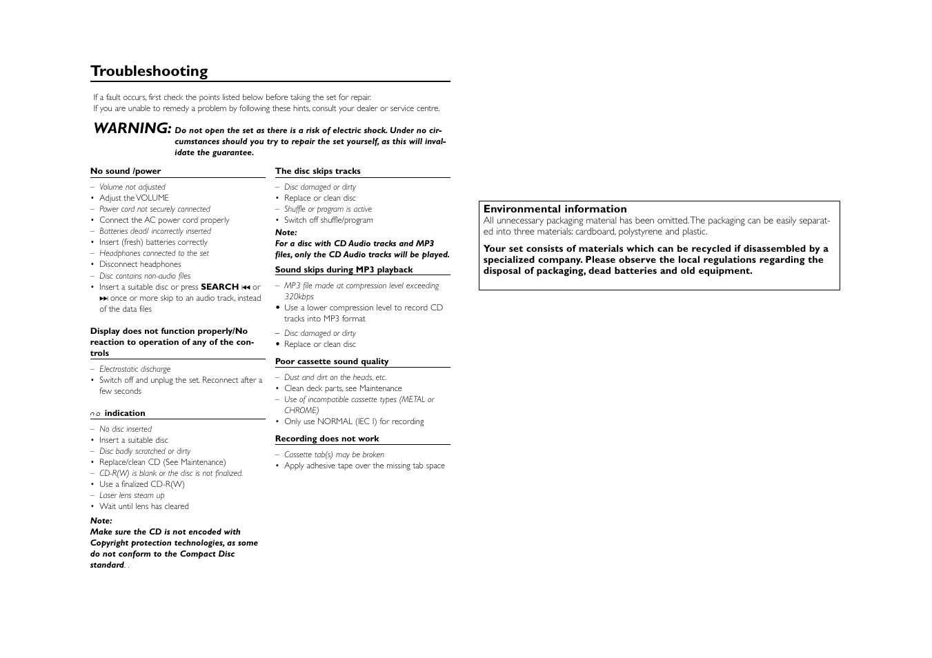 Troubleshooting, Warning | Philips SOUNDMACHINE AZ122 User Manual | Page 6 / 6