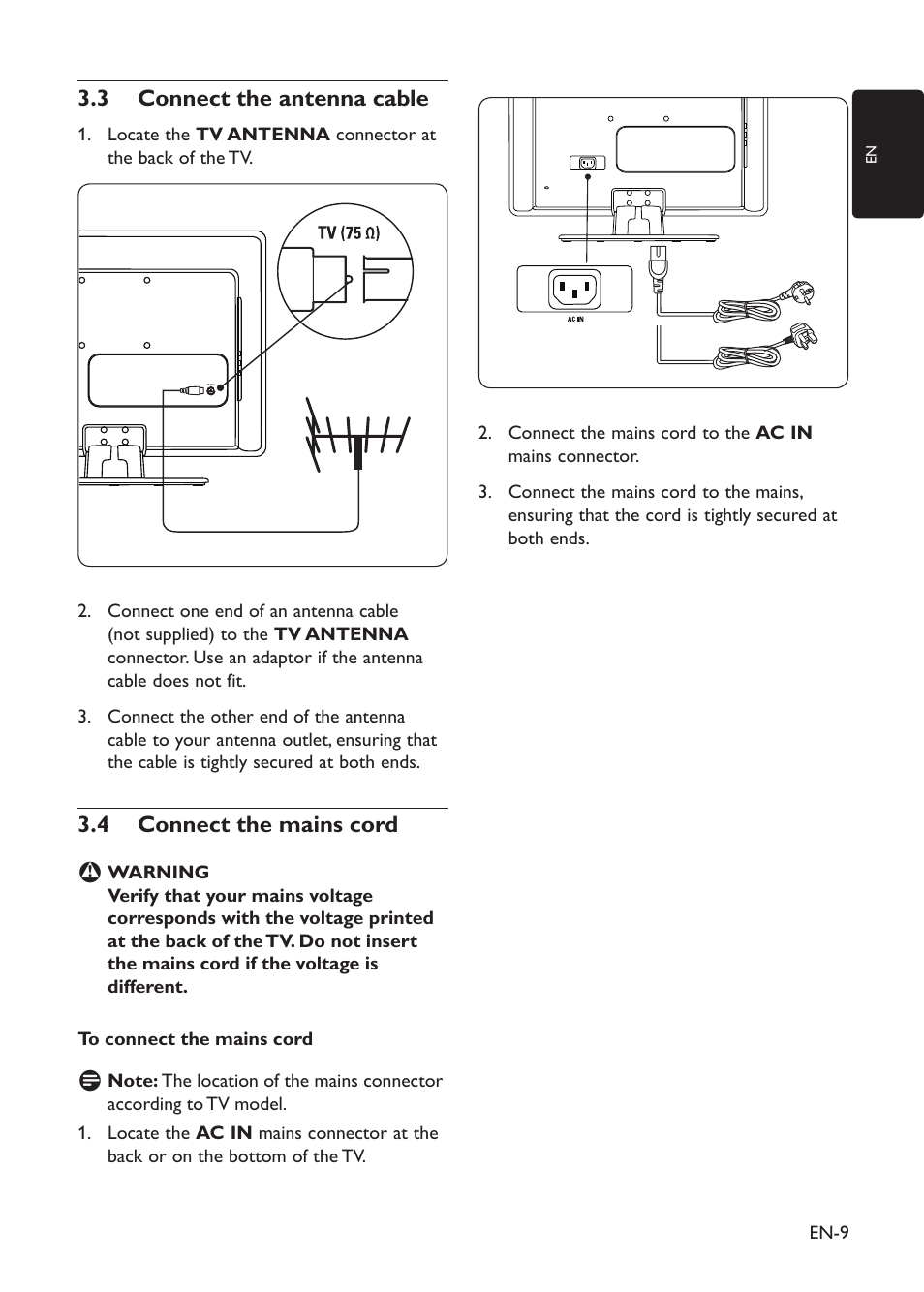 3�3 connect the antenna cable, 3�4 connect the mains cord | Philips 19PFL3403D/10 User Manual | Page 10 / 46