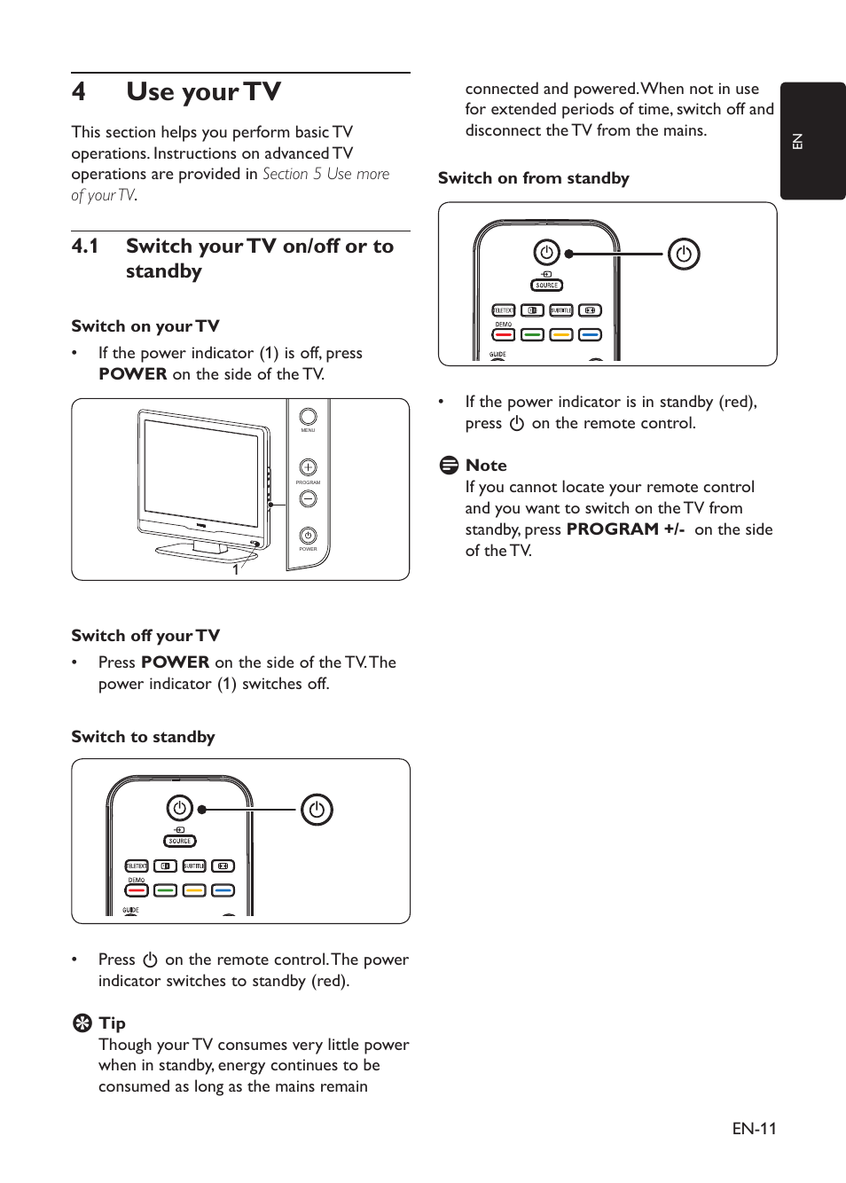 Use your tv 4, Switch your tv on/off or to 4�1 standby | Philips 19PFL3403D/10 User Manual | Page 12 / 46