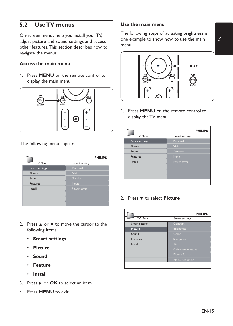 Use tv menus 5�2 | Philips 19PFL3403D/10 User Manual | Page 16 / 46