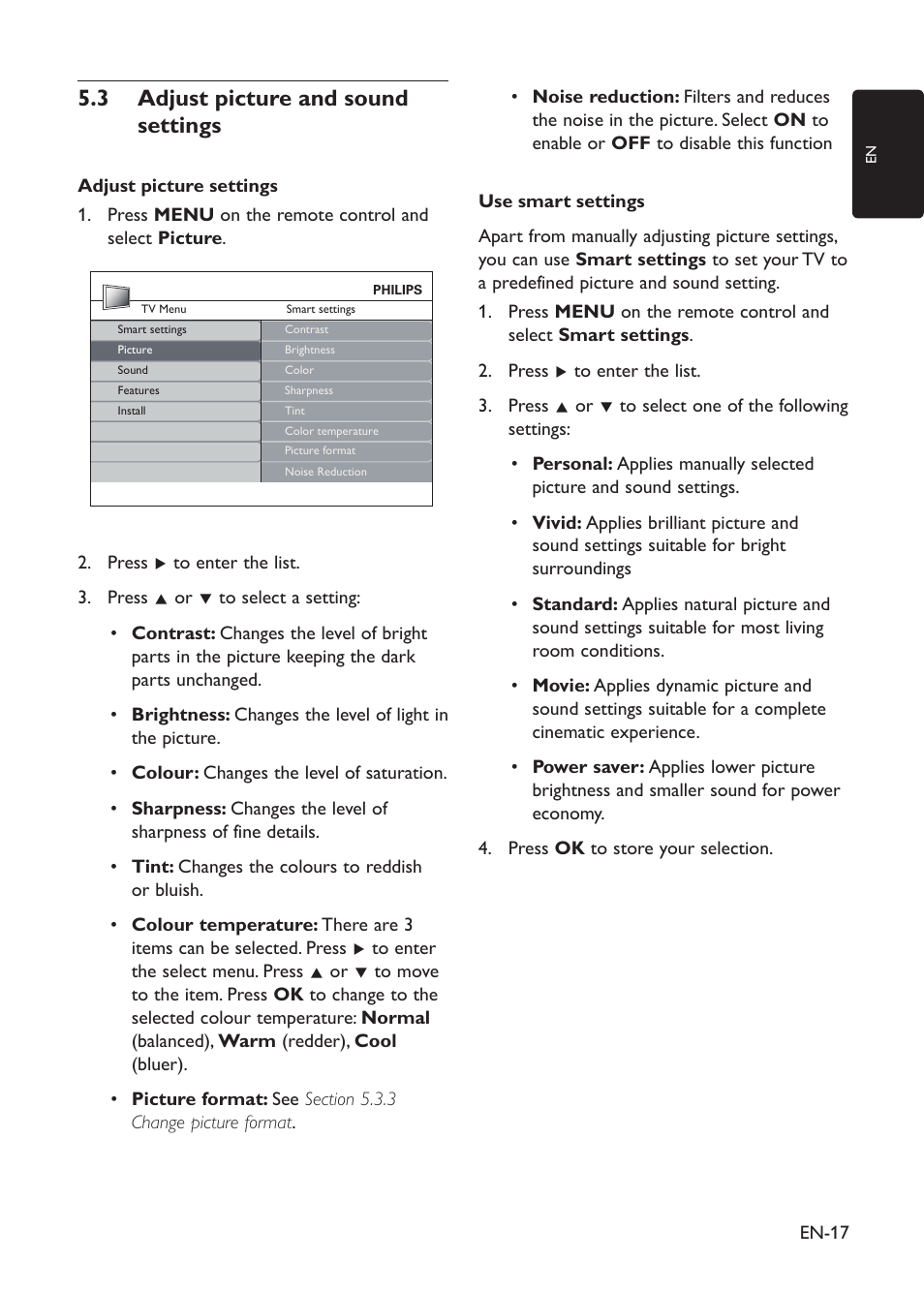 Adjust picture and sound 5�3 settings | Philips 19PFL3403D/10 User Manual | Page 18 / 46