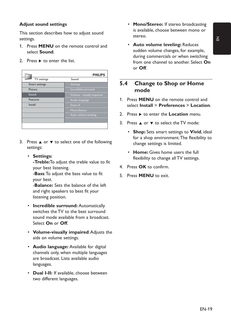 5�4 change to shop or home mode | Philips 19PFL3403D/10 User Manual | Page 20 / 46