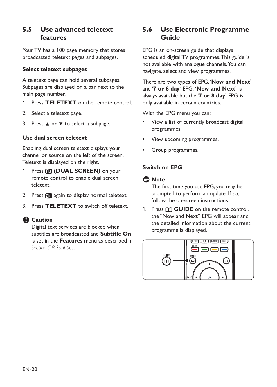 Use advanced teletext 5�5 features, 5�6 use electronic programme guide | Philips 19PFL3403D/10 User Manual | Page 21 / 46