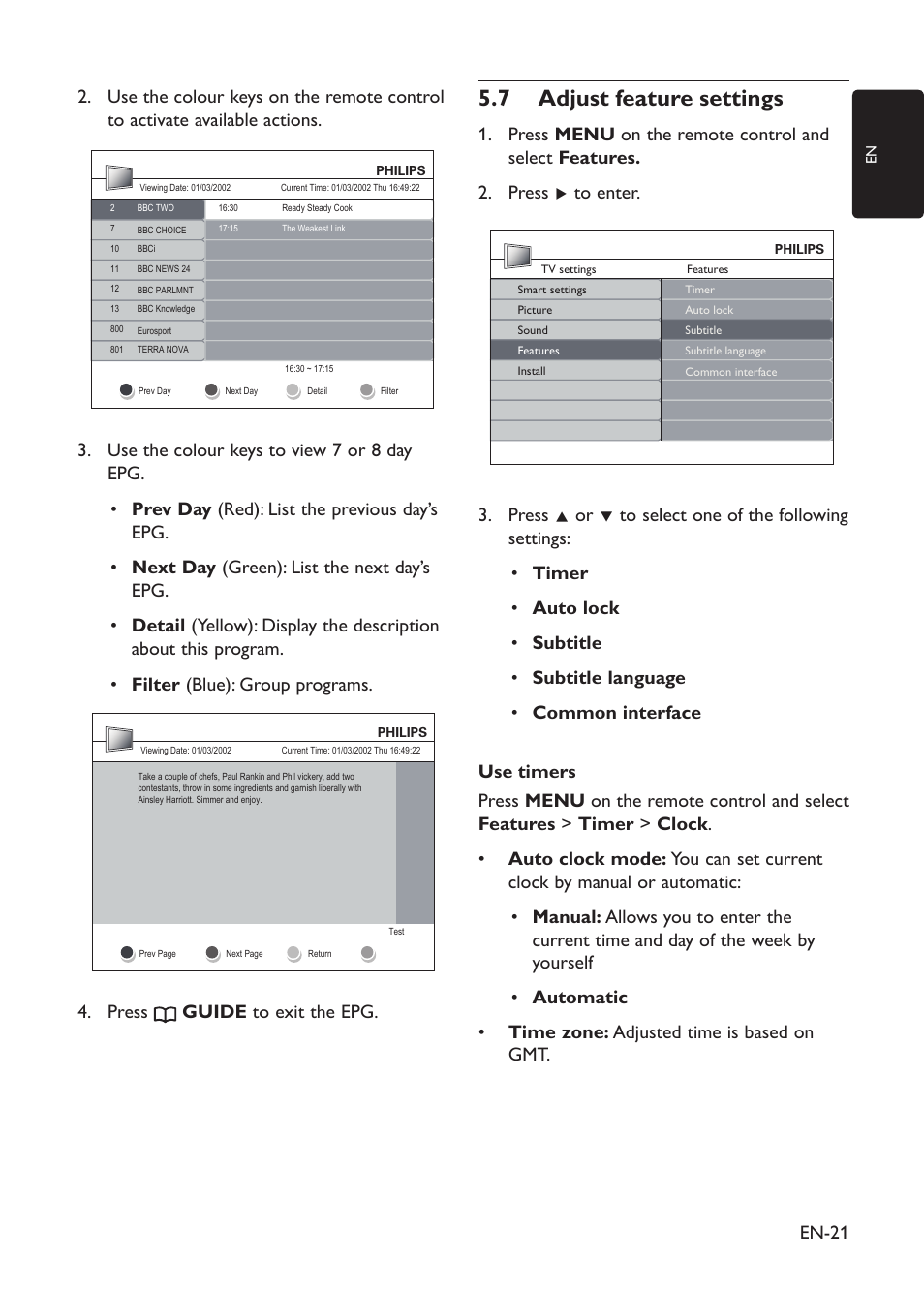 Adjust feature settings 5�7, En-21, Press 4. guide to exit the epg | Philips 19PFL3403D/10 User Manual | Page 22 / 46