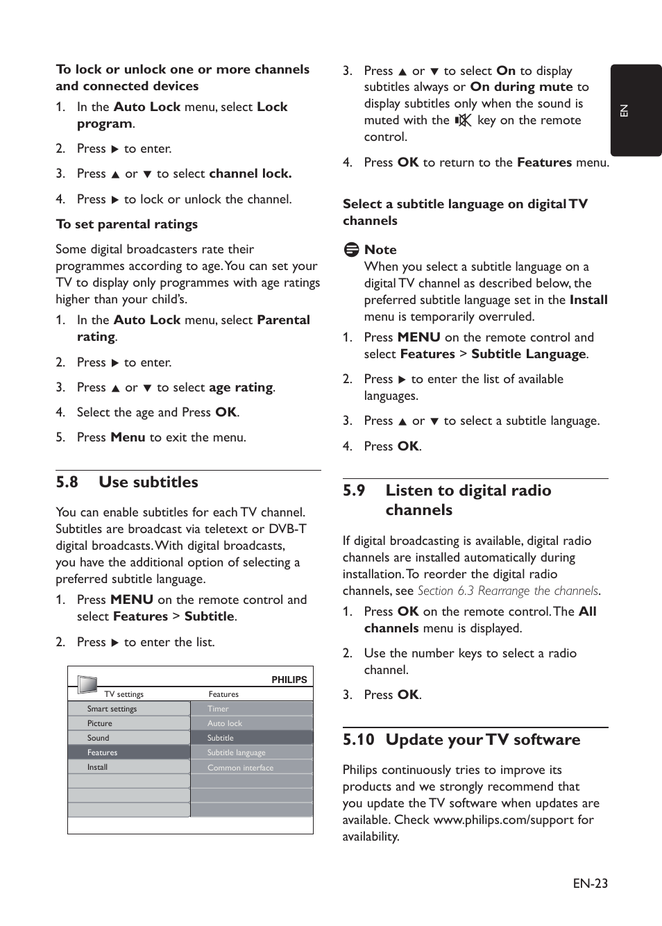 5�8 use subtitles, 5�9 listen to digital radio channels, 5�10 update your tv software | Philips 19PFL3403D/10 User Manual | Page 24 / 46